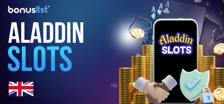 A mobile phone with gold coins, cards and security locks for the Aladdin Slots casino details and offers