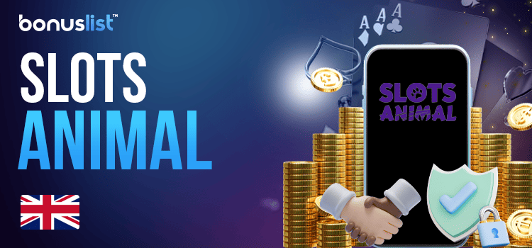 A mobile phone with gold coins, cards and security locks for the Slots Animal casino details and offers