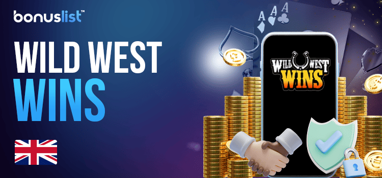 A mobile phone with gold coins, cards and security locks for the Wild West Wins casino details and offers